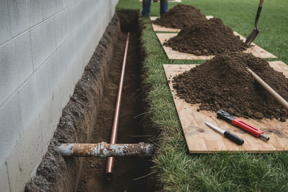 Excavated water line trench during Sewer Line Repair in Leon